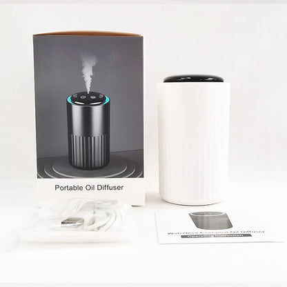 portable scent diffuser for car and desktop front view white color, box and accesories